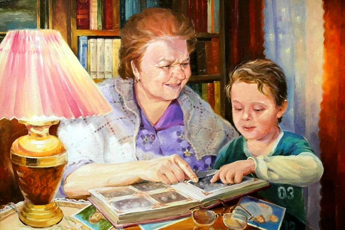 Бабушка с внуками живопись