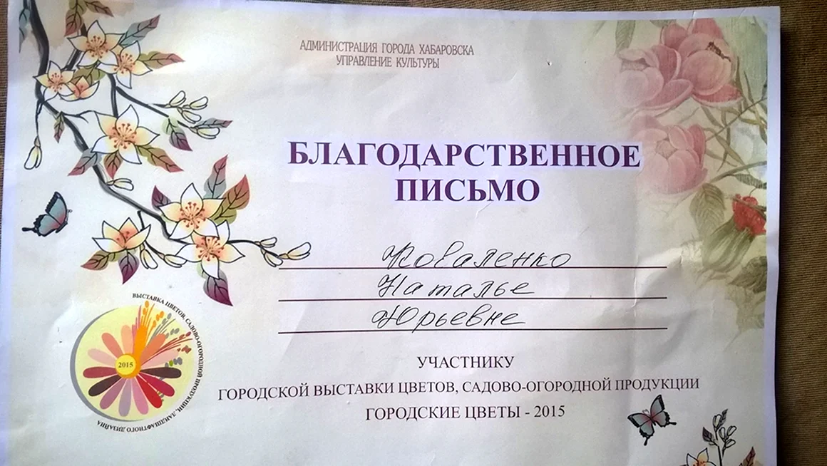 Благодарственное письмо за участие в выставке