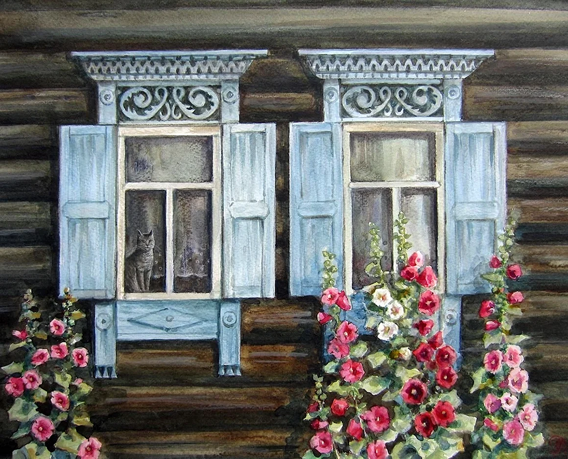 Деревенские окна с наличниками