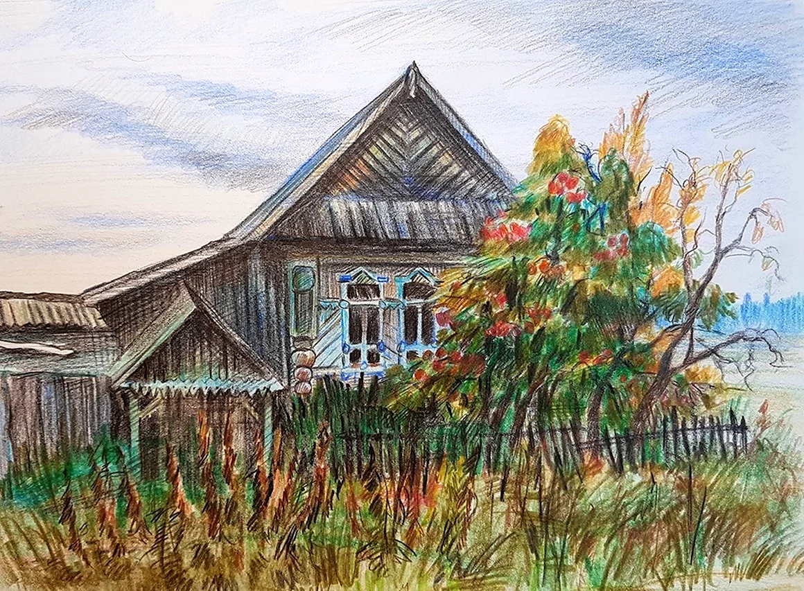 Деревенский пейзаж карандашом