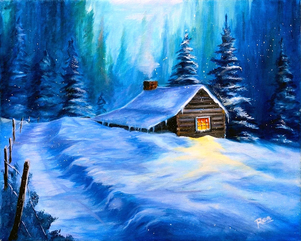 Домики в горах гуашью