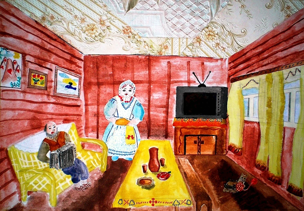 Интерьер русской избы рисунки
