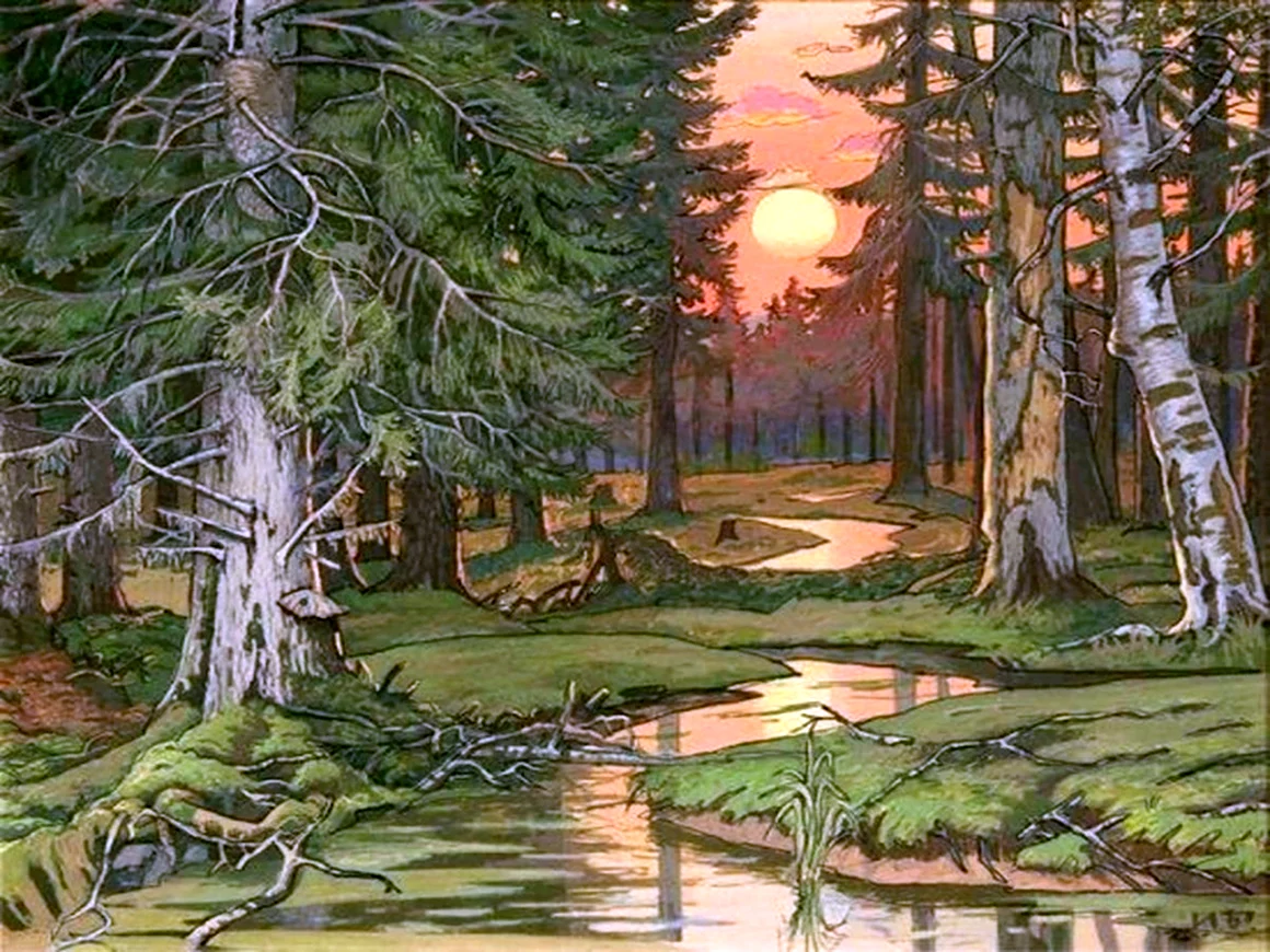 Иван Яковлевич Билибин сказочный лес на закате 1906 г