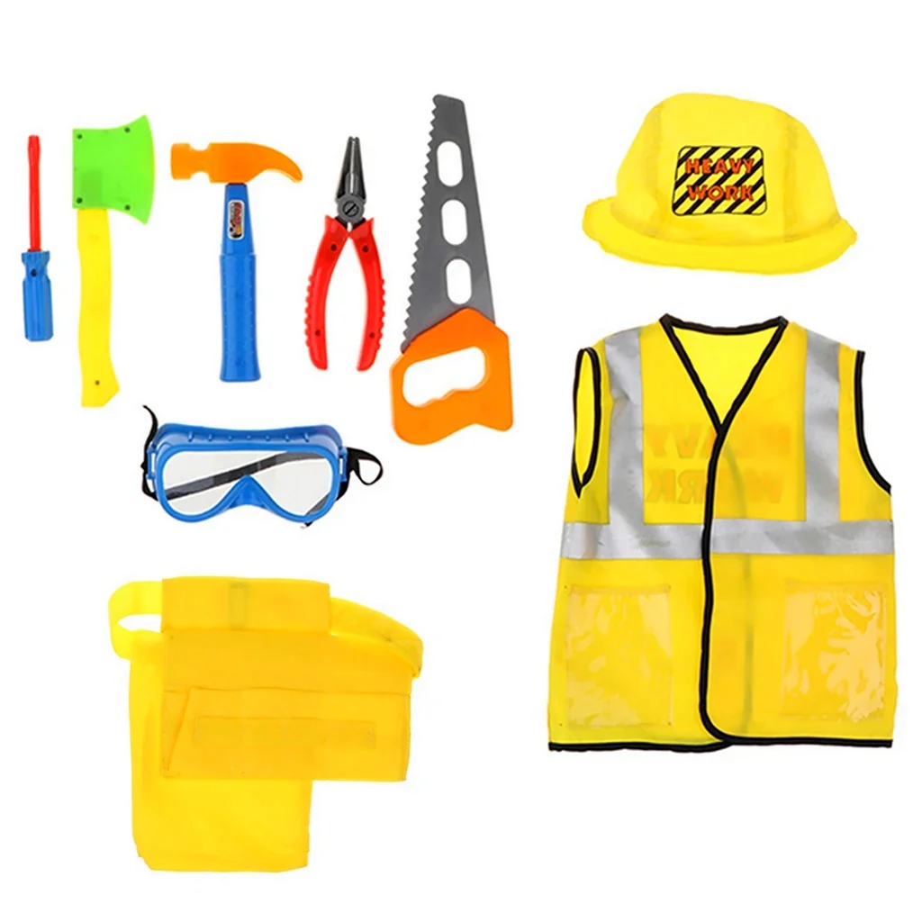 Kids role Play Costume Set - 9piece Construction worker Kids Builder Dress up Kit with hat Tool Belt Vest