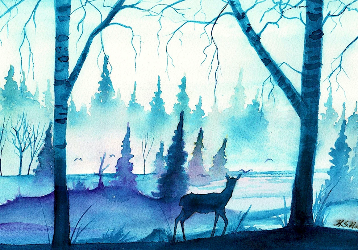 Лес акварелью