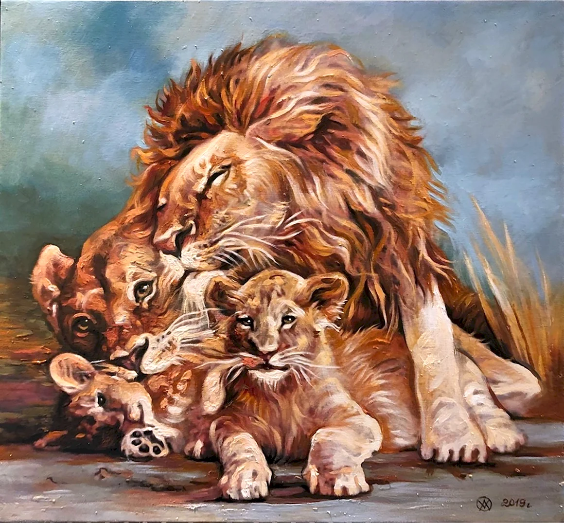Лев львица и Львенок семья