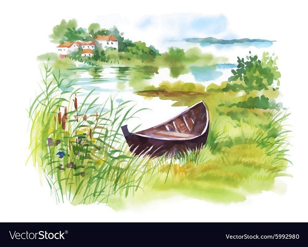 Лодка на реке рисунок