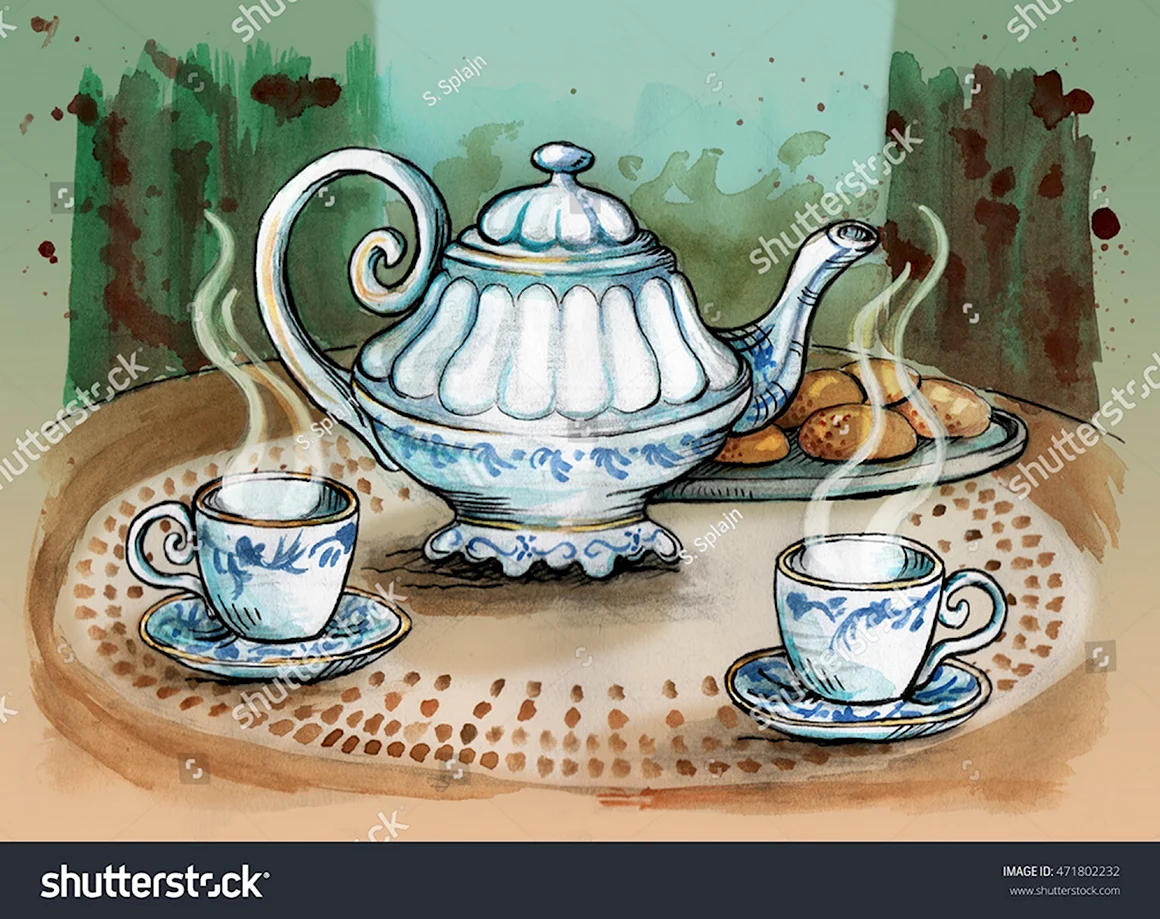 Нарисованный чайник с чаем цветной