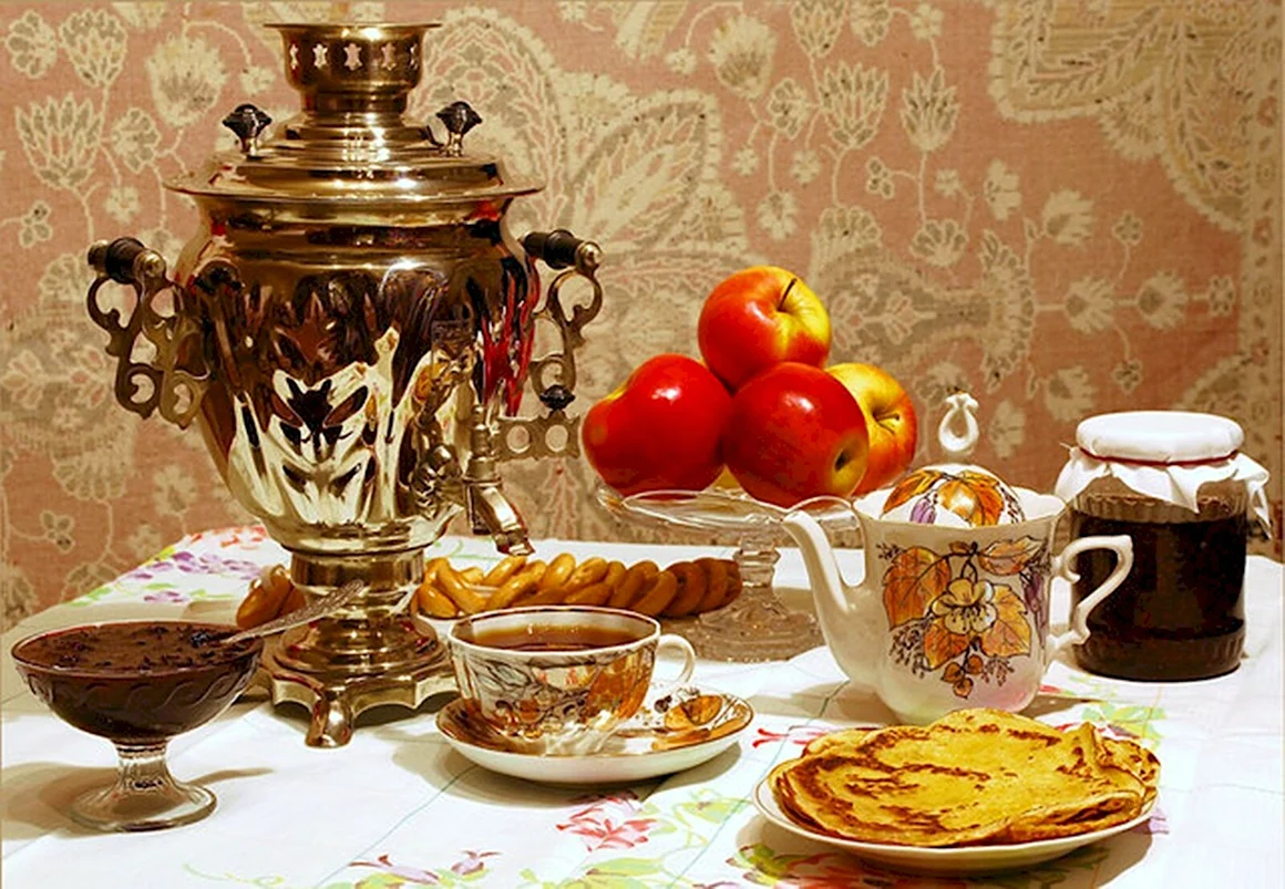 Натюрморт с самоваром и блинами
