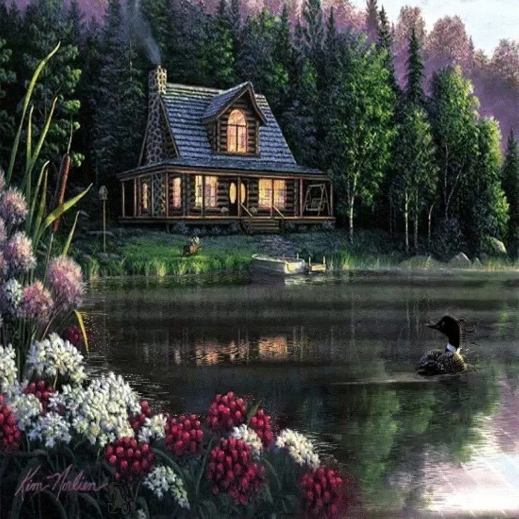 Пейзаж дом у реки
