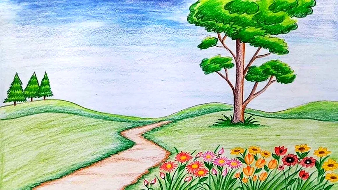 Пейзаж цветными карандашами для детей