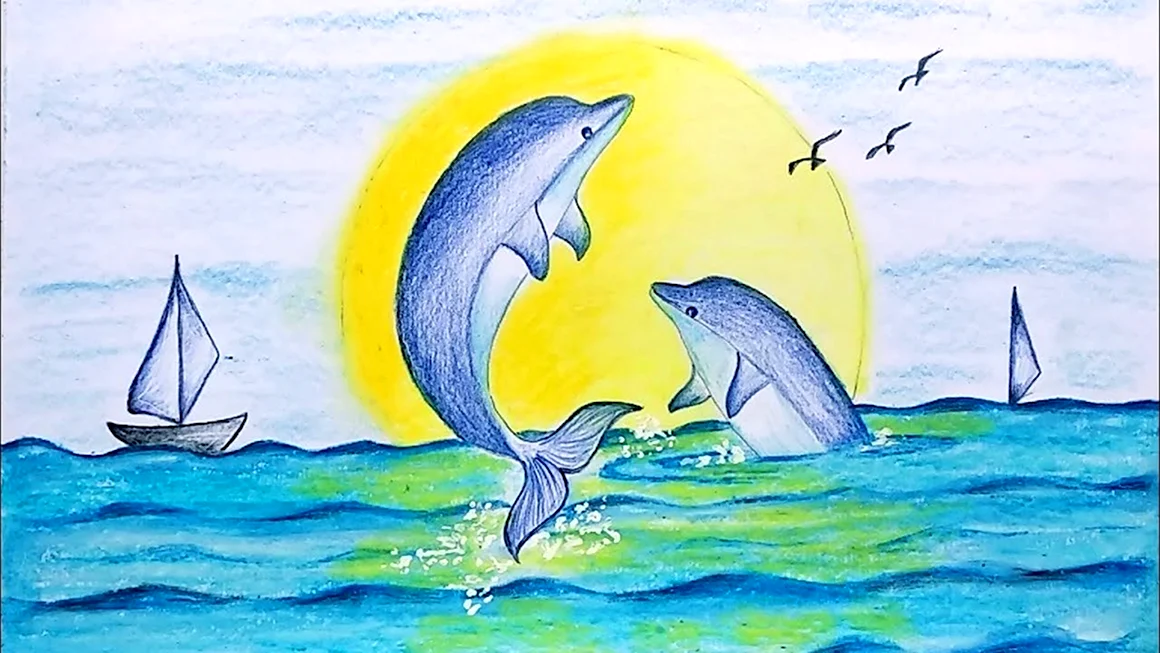 Рисовать дельфинов в море