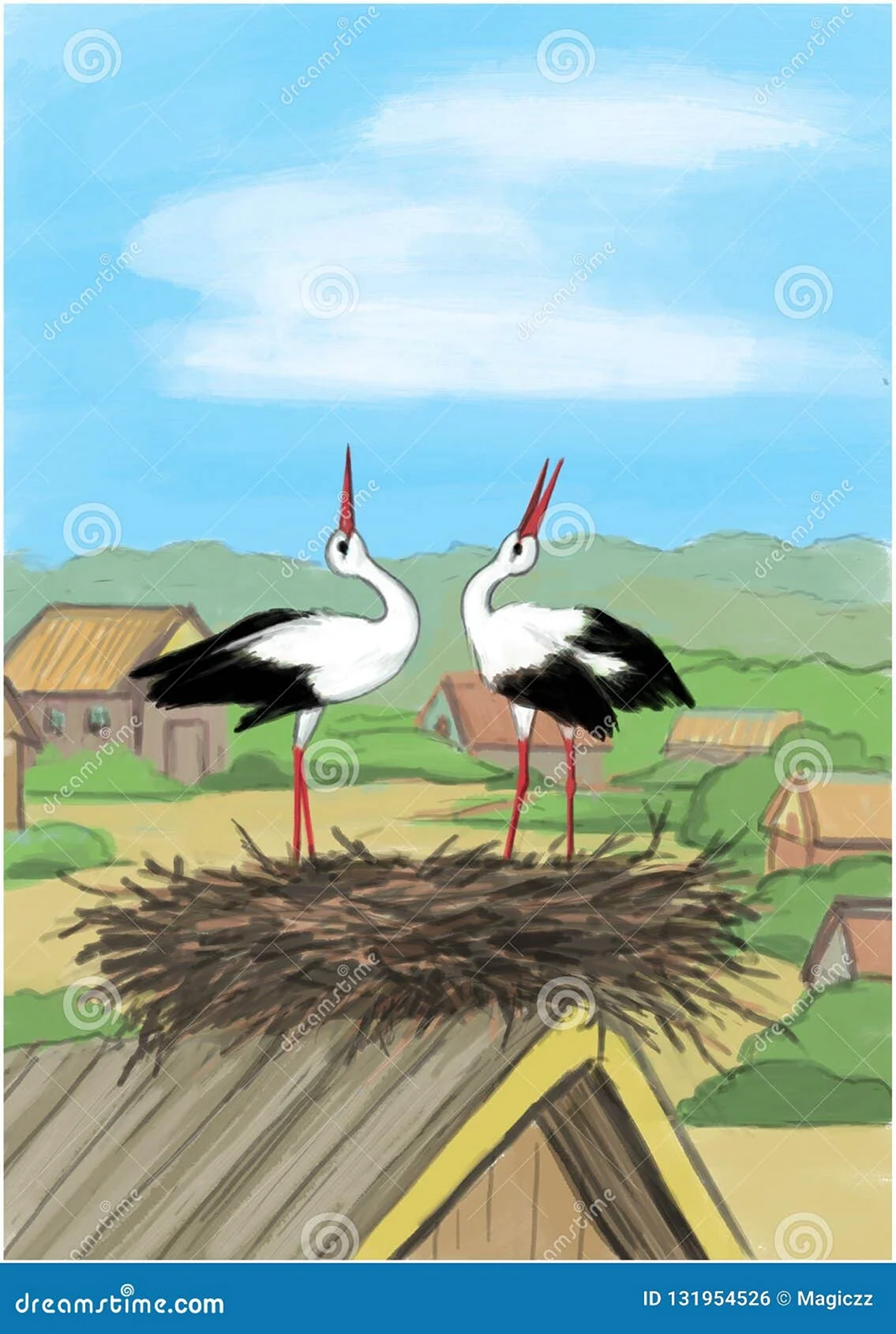 Рисунок аистов с гнездом