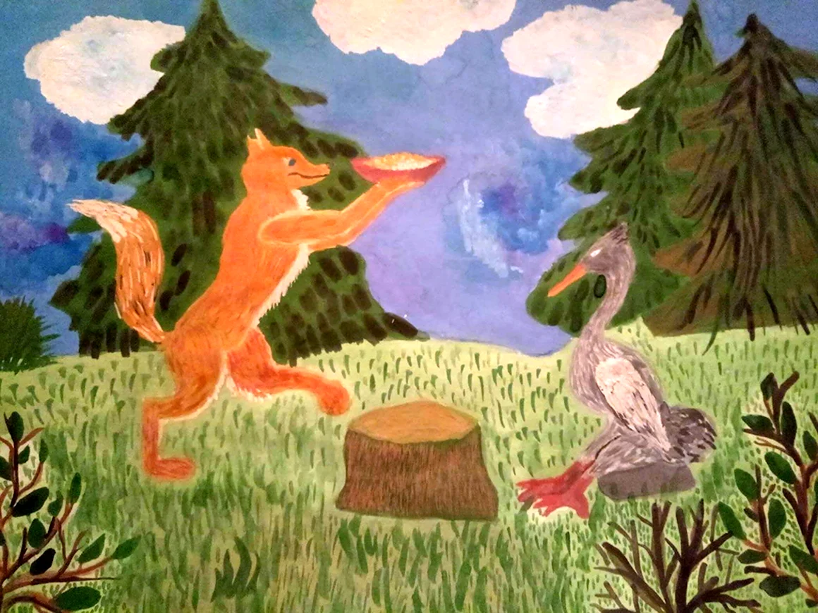 Рисунок лиса и журавль красками