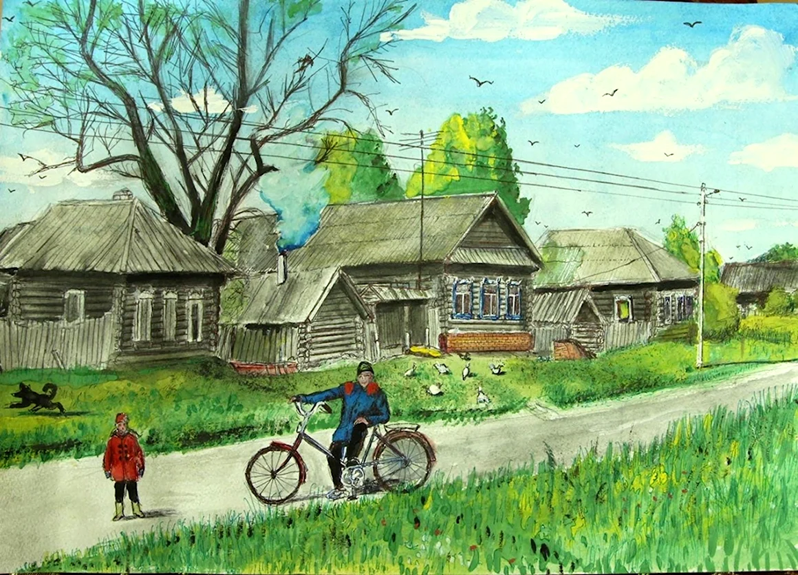 Сельский пейзаж цветными карандашами