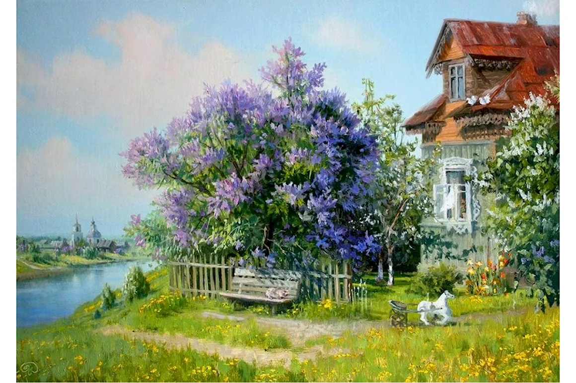 Сирень в деревне пишем маслом
