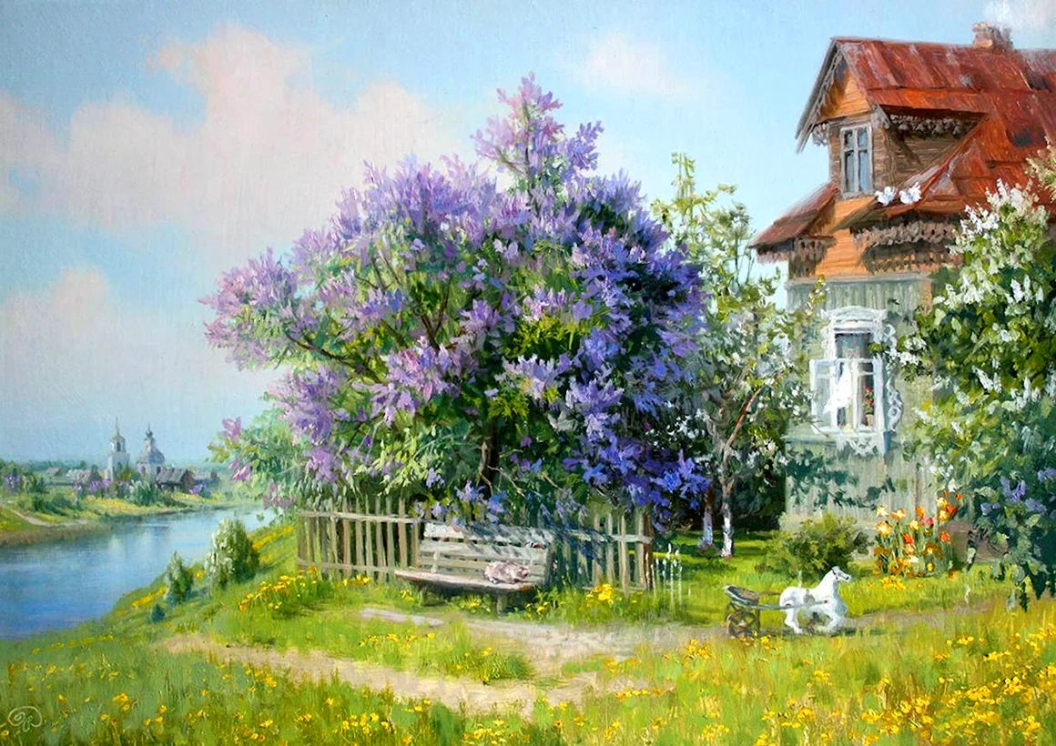 Сирень в деревне пишем маслом