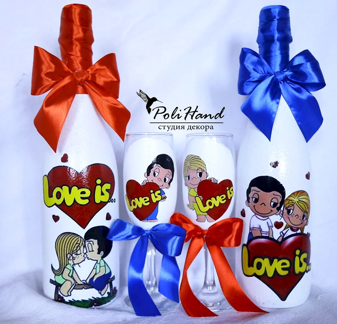 Свадебные бутылки и бокалы в стиле Love is