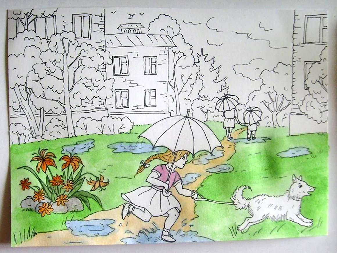 Весенний дождливый пейзаж карандашом