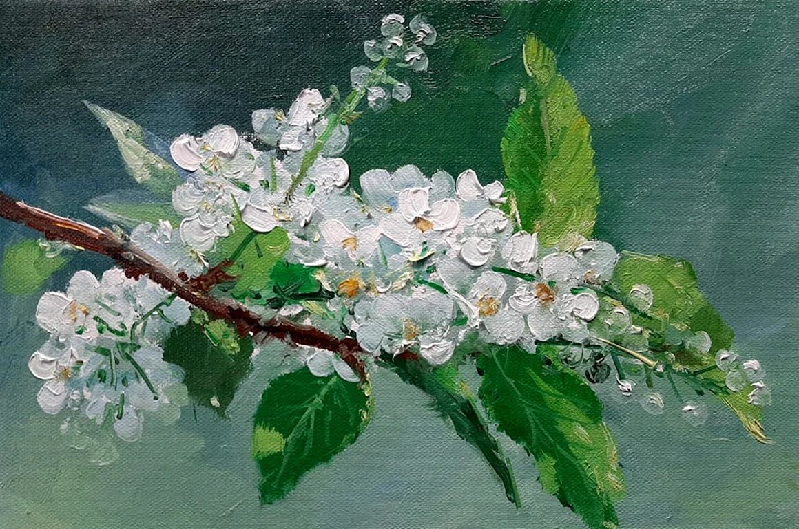 Ветка черёмухи с цветком рисунок акрилом