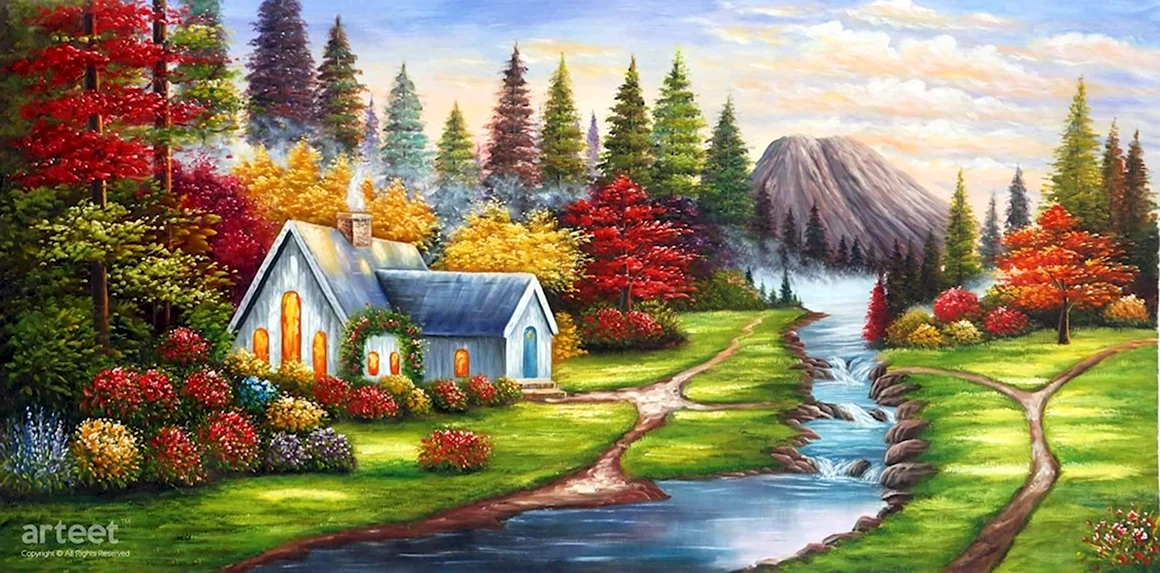 Вышивка дом у реки