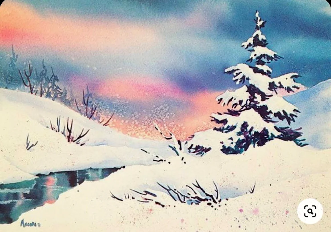 Зимний лес акварель