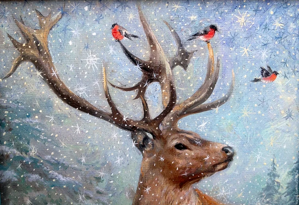 Зимний лес акварель олень