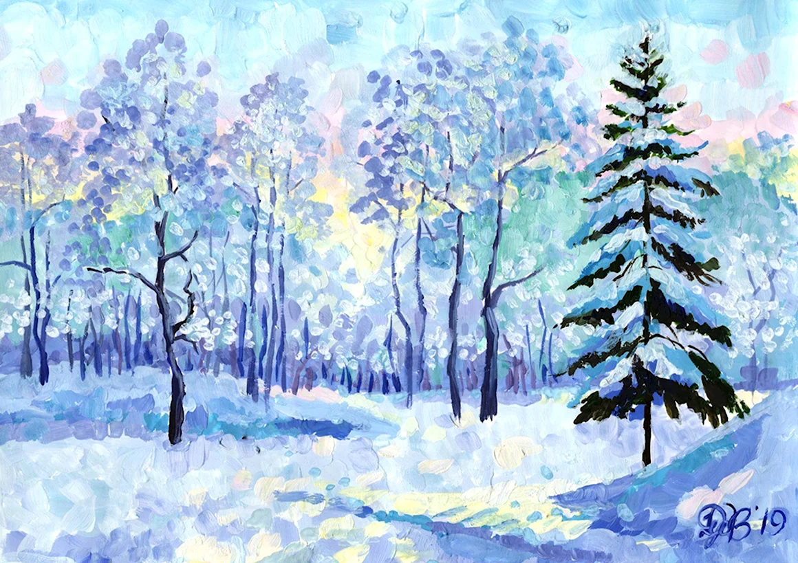 Зимний пейзаж гуашью